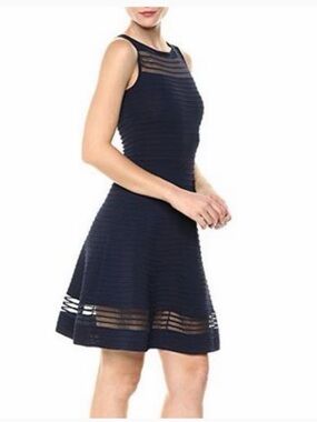 French Connection Sleeveless Navy Fit-and-Flare Dress with Sheer Stripe Detail